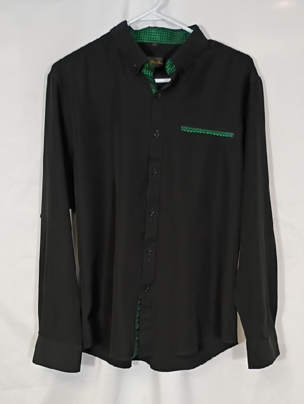 EUC DibanGu Men's Black Button Down Shirt with Green Trim Size Large Business